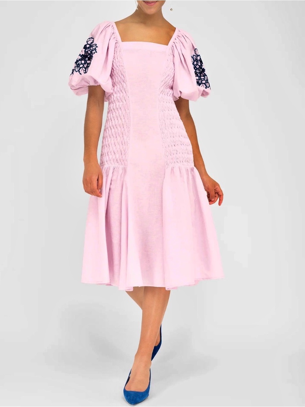 Fanm Mon Blush Puff-Sleeve Midi Dress with Navy Floral Appliqué